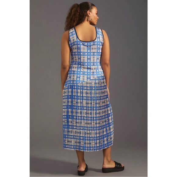 NEW Anthropologie Dhruv Kapoor Blue Plaid Mesh Scoop Neck Midi Dress Plus 2X - Picture 3 of 8